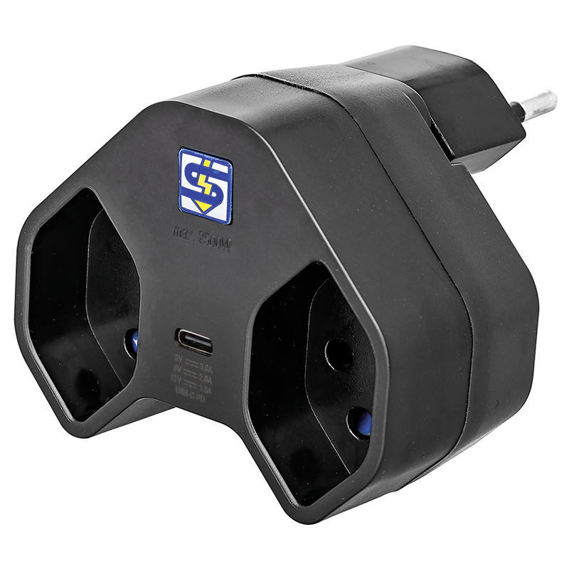 STEFFEN Mehrfachadapter MANTA 2xT13 + 1xUSB-C PD drehbar 320° sw