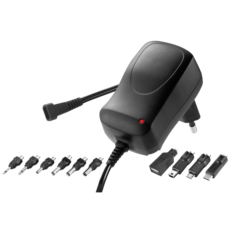 STEFFEN Regulierbares Netzgerät 1000mA inkl. 6 Einsätze + USB Adapter