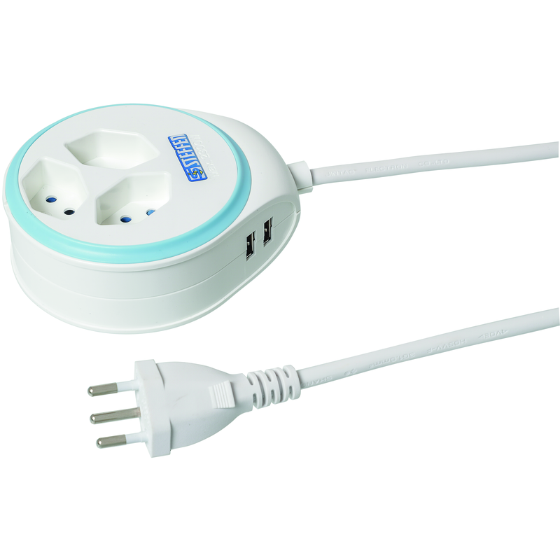STEFFEN Steckdosenleiste DISC 3xT13 + 2xUSB-A 1.5m mit Schalter ws/mi