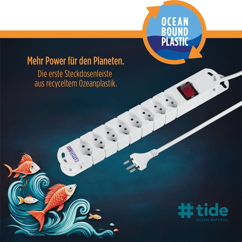 STEFFEN Steckdosenleiste TIDE 8xT13 3m mit Schalter und Haftmagnete ws