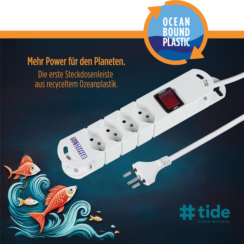 STEFFEN Steckdosenleiste TIDE 4xT13 3m mit Schalter und Haftmagnete ws
