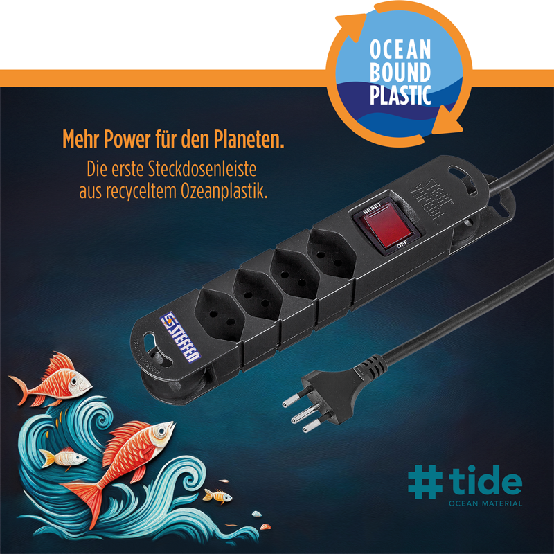 STEFFEN Steckdosenleiste TIDE 4xT13 3m mit Schalter und Haftmagnete sw